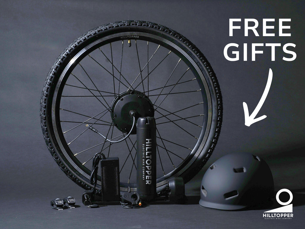 Sprinter conversion kit and helmet pictured beside the motor wheel, with Free gifts promotion