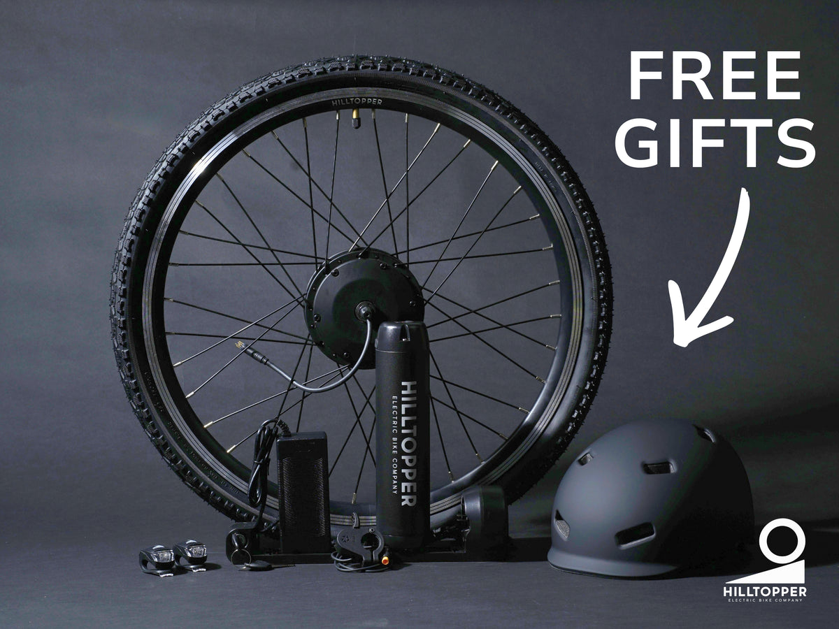 Sprinter conversion kit and helmet pictured beside the motor wheel, with Free gifts promotion