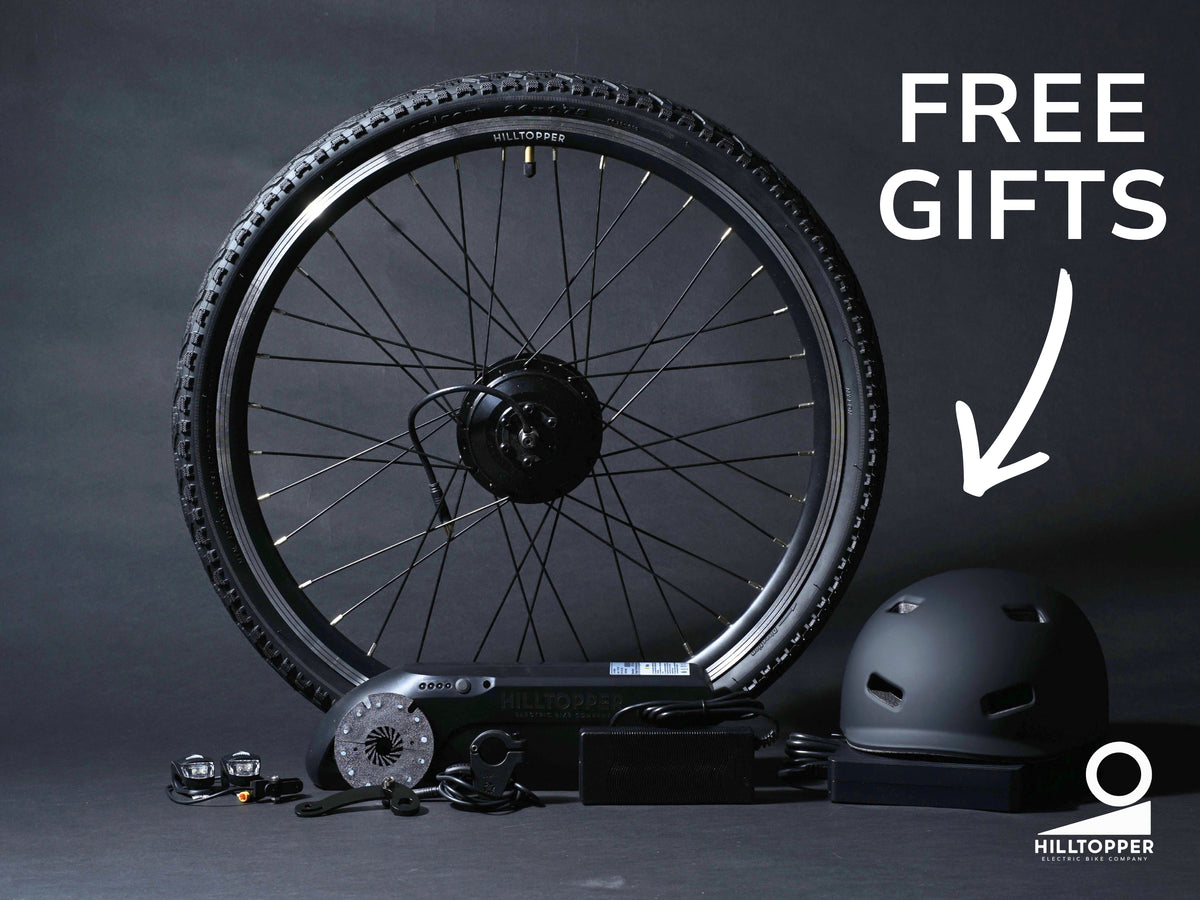 Horizon conversion kit and helmet pictured beside the motor wheel, with Free gifts promotion